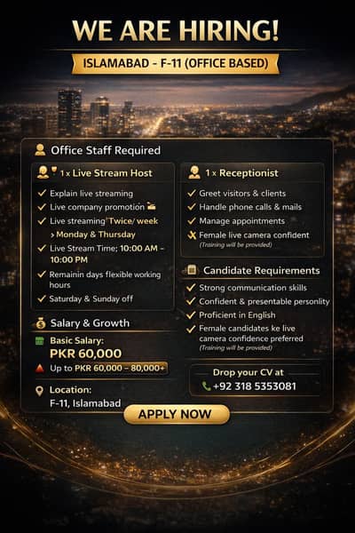 Office Job Available – Male/Female – F-11 Islamabad – 60,0