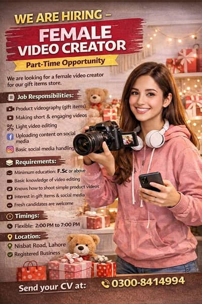 we are Hiring Female Vedio grapher and Editor