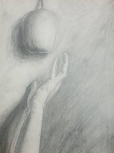 Artwork of a hand reaching out for a fruit sketch/drawing