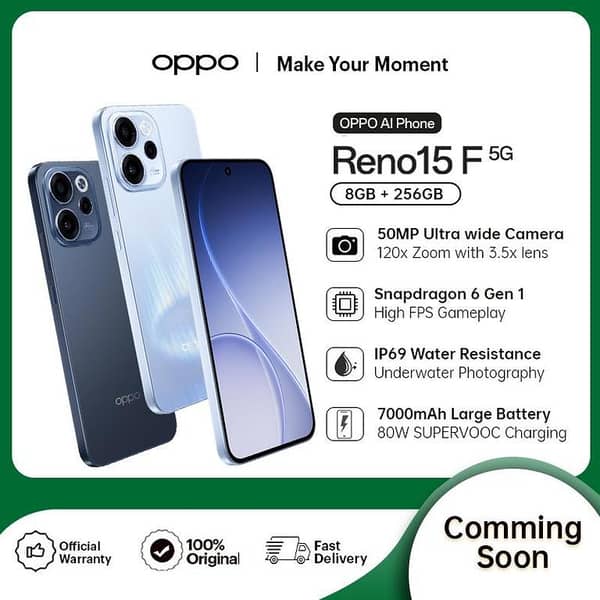 [COMING SOON] OPPO Reno15 F 5G | 8GB + 256GB | 50MP Ultra Wide Selfie Camera | 7000mAH Large Battery with 80W Fast Charging | Pakistan Longest 120x Zoom Camera | Latest ColorOS 16  | IP69 Water & Dust Resistance
