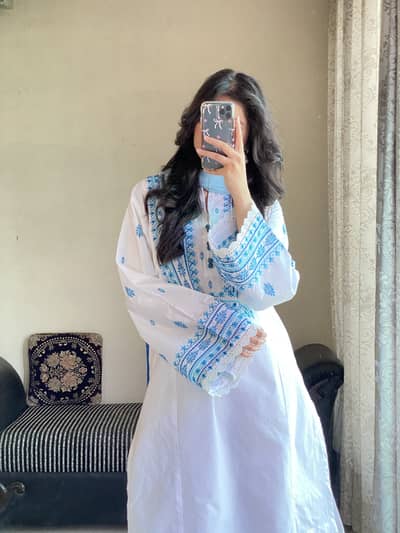 White & Sky Blue Chikankari Embroidered Lawn Suit with Lace