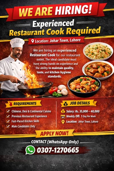 Restaurant Cook | Chinese, Desi & Continental | Male Staff | Johar