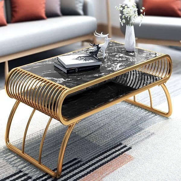 Elegant Center Table with Marble Look Top, Curved Metal Frame and Wooden Finish Elements, Perfect for Stylish Homes