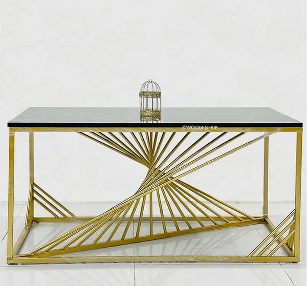 Wooden Marble Look Top and Innovative Gold Metal Spiral Structure, Statement Center Table for Stylish Living Rooms