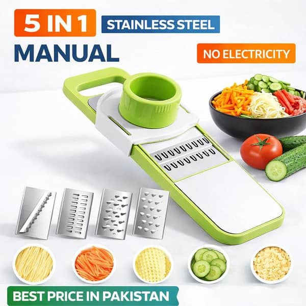 Manual Food Grater and 5 in 1 Vegetable Slicer with Stainless Steel Blades – Multi-functional Fruit Cutter, Cheese Grater, Potato Carrot Cucumber Slicer – Hand Operated Kitchen Tool for Easy Cutting – Strong Durable Design – Best Price in Pakistan