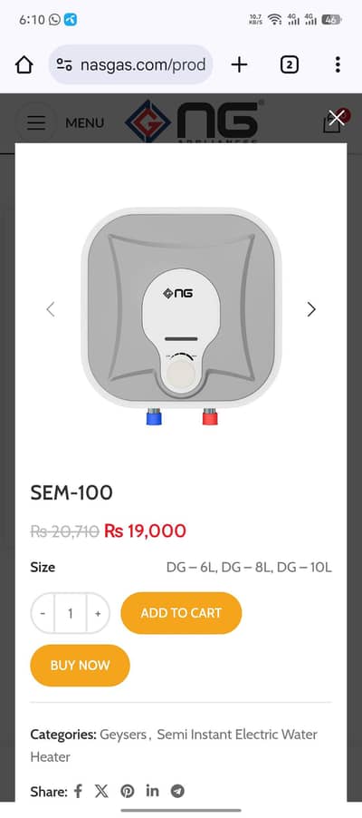 Nasgas electric geaser 10L 1500w 1year warrnty