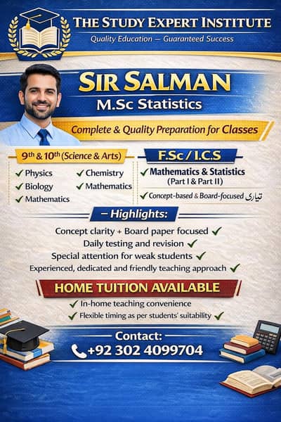 Home tuition services for  Matriic (science and art)+FSC math and stat