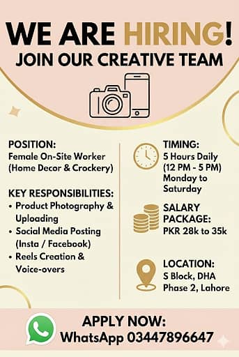 WE ARE HIRING FEMALE WORKER FOR HOME DECOR STUDIO