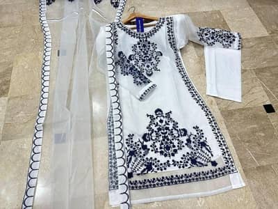 3 Pcs Women's Stitched Organza Embroidered Suit