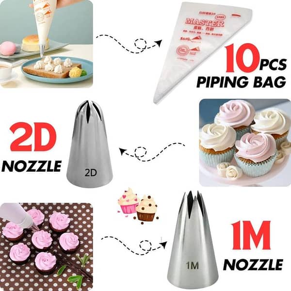 POPOLAR 1M And 2D Stainless Steel Nozzle ,Piping Bag , Open Star Tip Pastry Cookies Tools Icing Piping Nozzles Cake Decorating Cupcake Creates Drop Flower