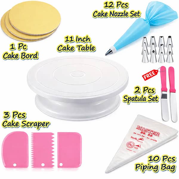 11 inch High quality Rotating Cake Turntable,3 PCs Cake Cream icing Scraper Set,12Pcs Cake Decorating Nozzles Set With silicon Bag,10 PCs Disposable Piping Bags,1 PC Round Cake Board, Gift 2pcs Spatula Set