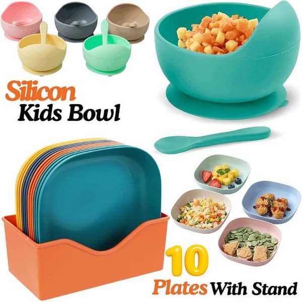 Pack of 2 Silicone Suction Bowl Set With Silicon Spoon & Fork - Baby Learning Dishes, Kids Tableware, 10pcs Multi-Function Spit Bone Dish Plates with stand – Food Grade Plastic Plates with Stand, Round & Square Dining Plates for Easy Serving