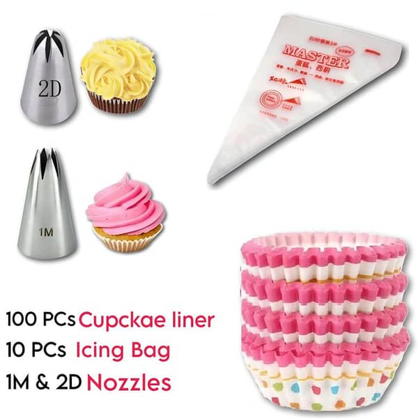 100Pcs Cupcake Liner Baking Cupcake Paper Muffin Cases, POPOLAR 1M And 2D Stainless Steel Nozzle Open Star Tip Pastry Cookies Tools, 10 PCs  Piping Icing Cream Bag plastic, Cake Baking Decorating Tools
