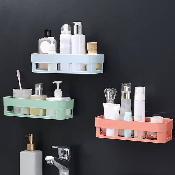Self Adhesive Wall Mounted Plastic Bathroom Shelf, Storage Organizer Basket Kitchen Bathroom Supply Unbreakable Plastic Corner Shelf