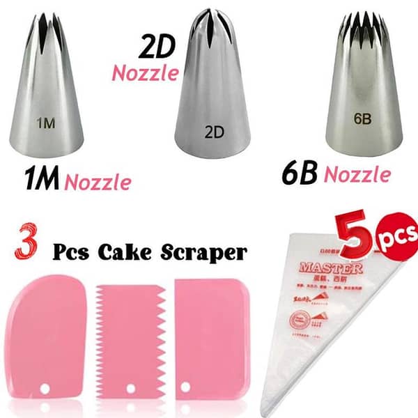 1M, 2D And 6B Stainless Steel Nozzle Open Star Tip Pastry Cookies Tools, 5 PCs Disposable Piping Bags, 3 PCs Cake Cream icing Scraper Set