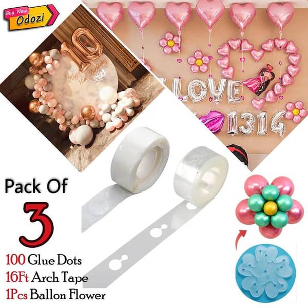 Pack of 3: 100 Dots Removable Adhesive Glue Dots for Foil Balloons, 5m Balloon Decorating Strip, 4 Balloons Flower Clips for Party Decor