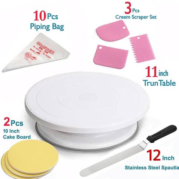 11 inch High quality Rotating Cake Turntable, 10 PCs Disposable Piping Bags, 3 PCs Cake Cream icing Scraper Set, 12 Inch Stainless Steel Cake Utensils Spatula Set ,2 PCs Cake Board Base CAKE DECORATING SUPPLIES Turn Table