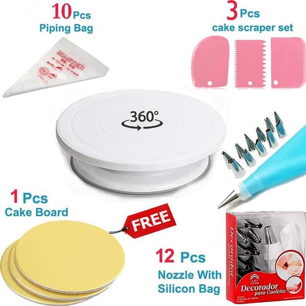 11 inch High quality Rotating Cake Turntable,3 PCs Cake Cream icing Scraper Set,10 PCs Disposable Piping Bags,12 PCs Cake Decorating Small Nozzles Set, & Free Gift 1 PCs Round Cake Board