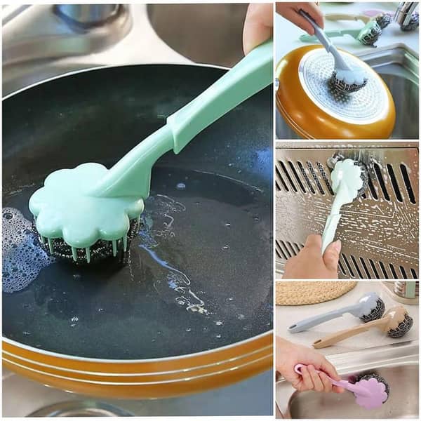 Stainless Steel Long Handle Wire Ball Brush Kitchen Hanging Cleaning Brush Pan Kitchen Dish Handle Washing Tool