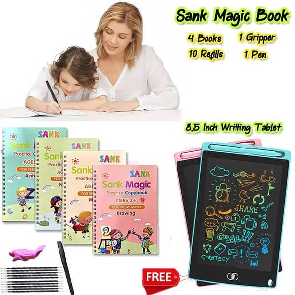 Free 8.5 inch LCD Writing Tablet with SANK Montessori Reusable Magic Book Set (4 Books, 1 Pen, 10 Refills, 1 Gripper)