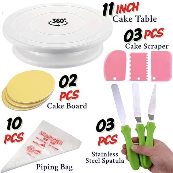 11 inch High quality Rotating Cake Turntable, 3 PCs Cake Cream icing Scraper Set, 10Pcs Icing piping Bag, 3 PCs Set Stainless Steel Cake Spatula, 2 PCs Round Cake Boards Set CAKE DECORATING SUPPLIES Turn Table
