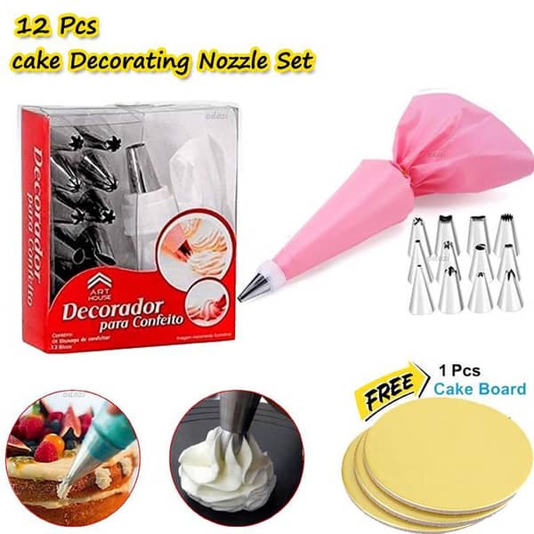 12Pcs Cake Decorating Nozzles Set With silicon Bag, Pastry Bag for Baking Decorating with Free 1pc cake Bord