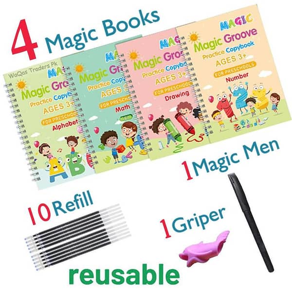 Sank Magic Practice Book for Kids: 4 Books + 10 Refills + 1 Pen + 1 Grip – Number Tracing Copybook Set