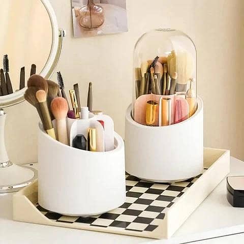 360° Rotating Makeup Brush Storage Box with 7 Slots, Transparent Dust-Free Organizer for Desktop Display
