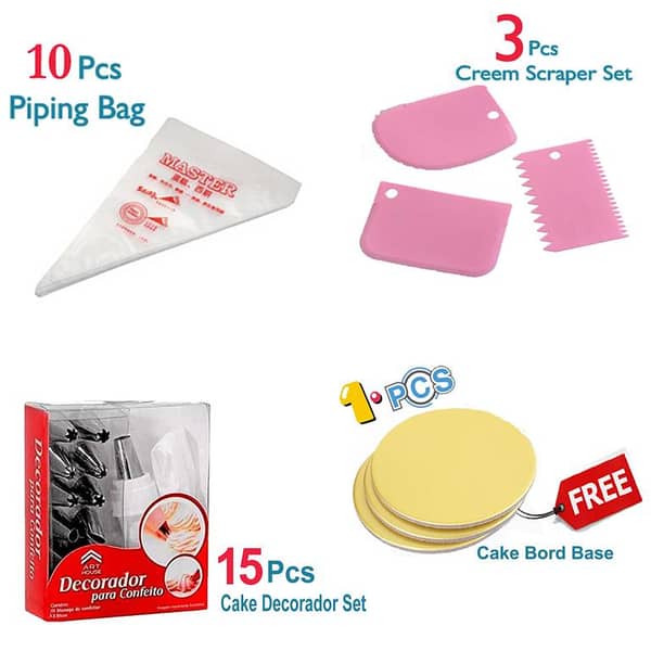 15 Pieces Cake Decorating Nozzles Set, 10 PCs Disposable Piping Bags, 3 PCs Cake Cream icing Scraper Set, 1pcs Free Round Cake Board Base, Cake Baking Decorating Tools & Baking Accessories