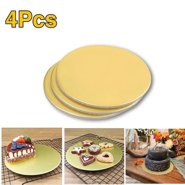 4Pcs - 10 Inches Golden Round Cake Board Circle Cardboard Base for Cake Decorating Supplies Party Cupcake Dessert Tray Cake Tools for Wedding Birthday Party
