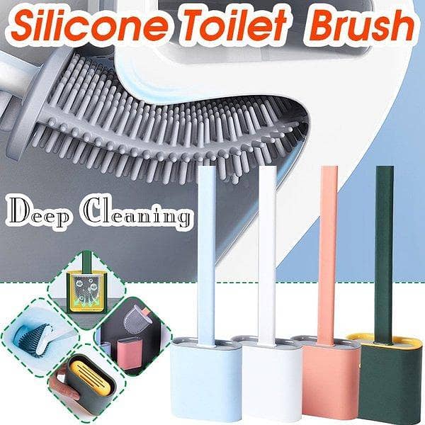 Toilet Brush Water Leak Proof With base Silicone Wc Flat Head Flexible Soft Bristles Brush with Quick Drying Holder Set