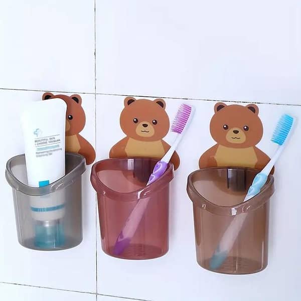 Wall Mounted Bear Brush Holder Cup – Punch-Free Storage Rack for Bathroom