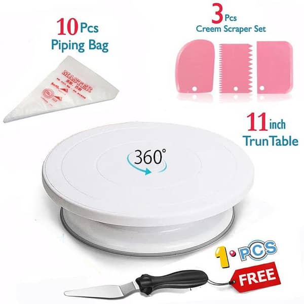 11 inch High quality Rotating Cake Turntable, 10 PCs Disposable Piping Bags, 3 PCs Cake Cream icing Scraper Set, CAKE DECORATING SUPPLIES Turn Table