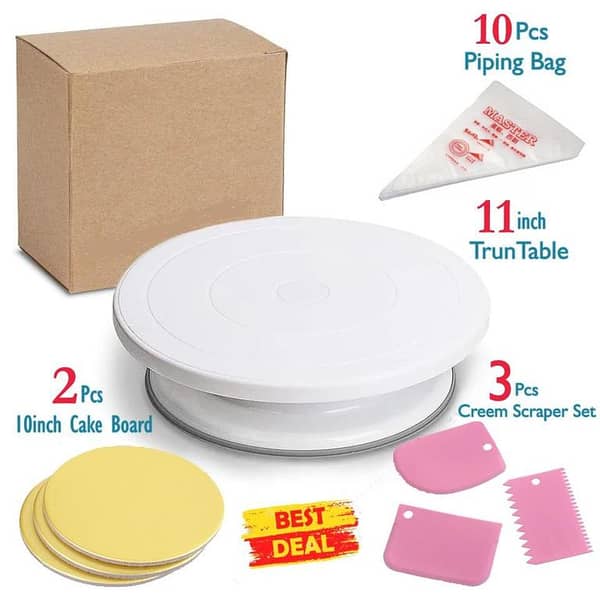 Premium 11-Inch Rotating Cake Turntable with 3-Piece Spatula Set, 10-Piece Piping Bags & 1-Piece Cake Board for Cake Decorating