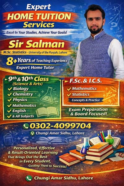 Home tuition services for  Matriic (science and art)+FSC math and stat