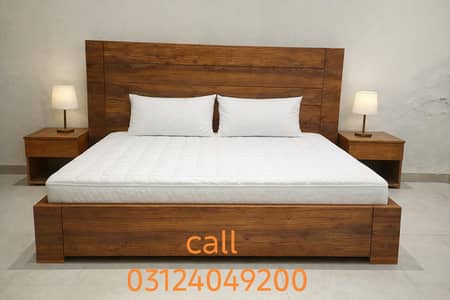 wooden bed with two side tables