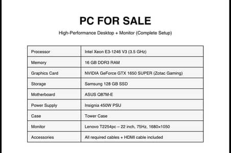 Gaming / Work PC for Sale – GTX 1650 SUPER  + 22 inch monitor