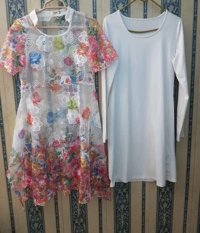 Tranparent Floral Net Dress with White Inner Shirt | Party Wear Set