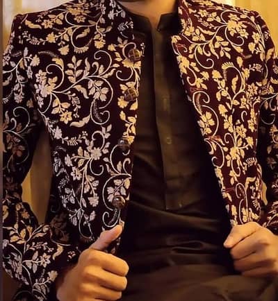 Mehroon Velvet Embroiderd Prince Coat For Sale!