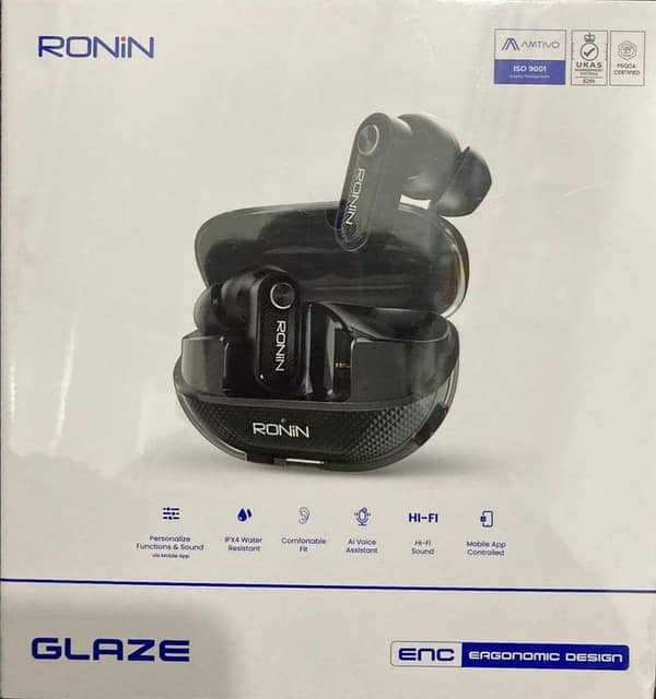 RONIN GLAZE R-7145 Airbuds Features Environmental Noise Cancellation (ENC),Offers approximately 4–5 hours of music playback on a single charge. Designed to reduce background noise during calls for better voice clarity.