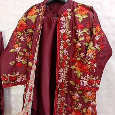 3 Pcs Women's stiched  Fancy Shamoz Silk Embiroided Gown