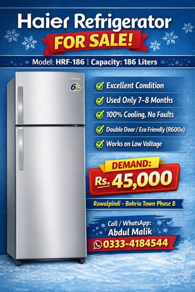  Haier Refrigerator for Sale – HRF-186   Condition: Excellent