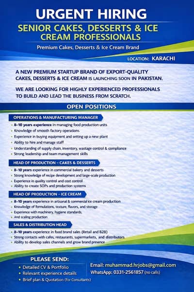 CAKES, ICE CREAM & DESSERT CHEFS - KARACHI