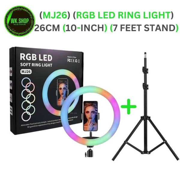 26CM Selfie LED Ring Light with 7ft Tripod Stand Mobile Phone Holder 26 CM ringlight 7 feet tripod stand 3 Modes RingLight Vlogging Light Mobile Phone Photography Light - JM Jadoon