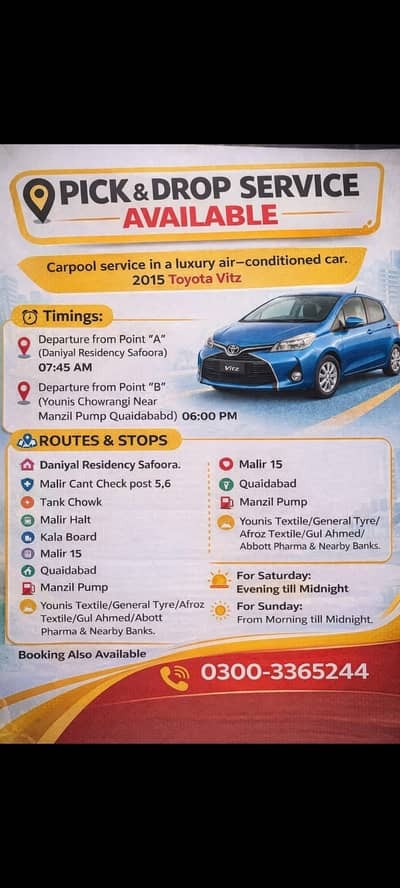 Pick & Drop / Carpool Service Available – Safoora to Quaidabad I Vitz
