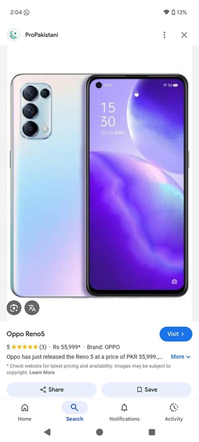 opp reno 5_8/128 with box official Pta approved  panel change