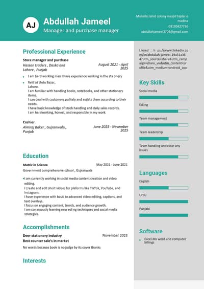 manager and purchase manager in Lahore