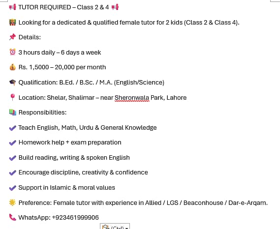 Female Tutor Required 0