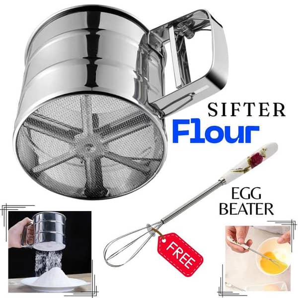 Stainless Steel  Flour Sifter With Mini Egg Beater Mixer Handheld Flour Sieve Double-Layer Fine Mesh Crank Press Cake Powder Shaker