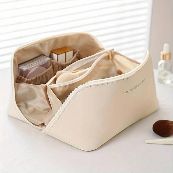 Travel Makeup Bag with Handle and Dividers - Large Capacity Cosmetic Organizer for Skincare & Makeup